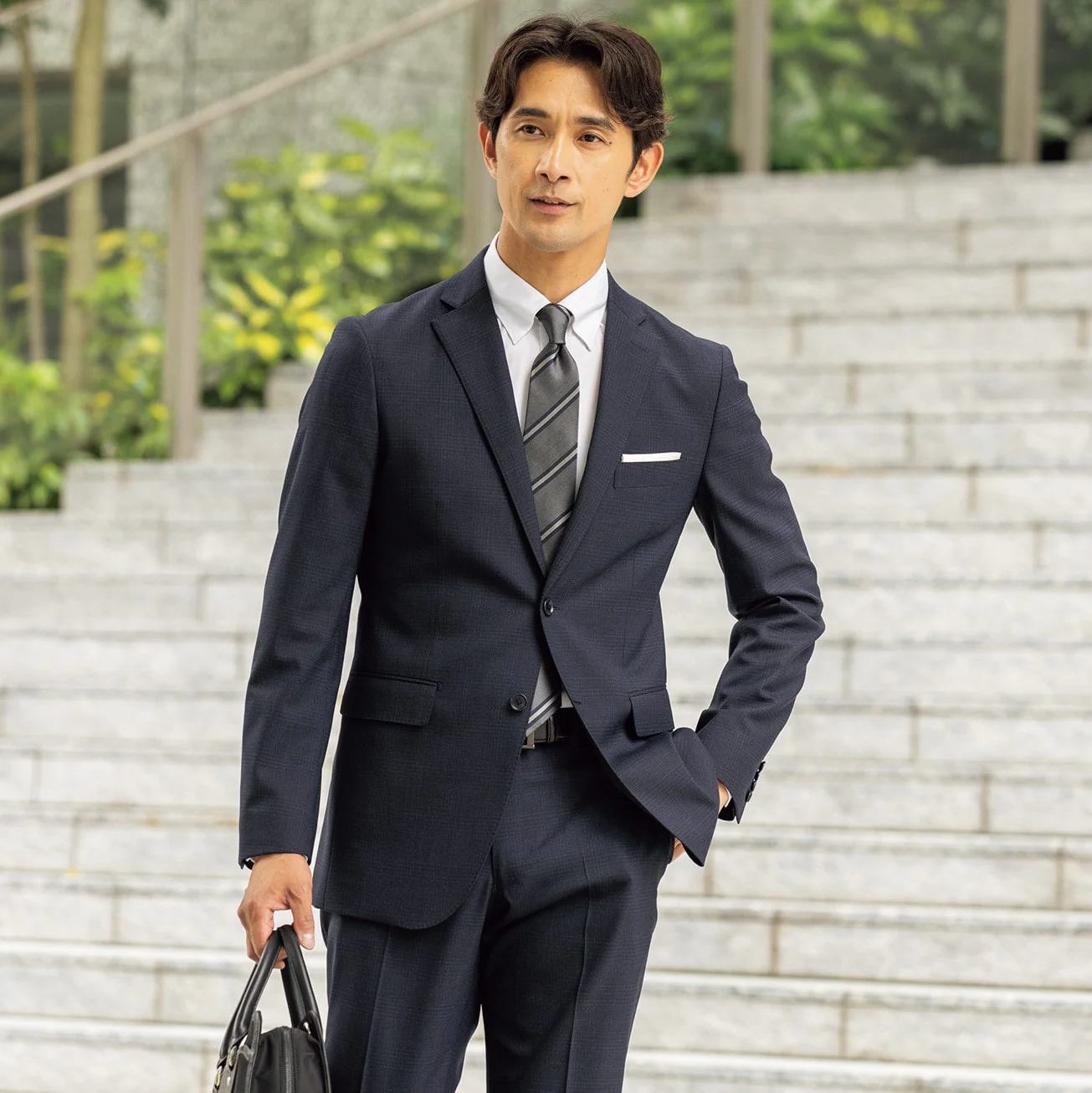 Washable Glen-plaid Slim Fit Suit - Navy