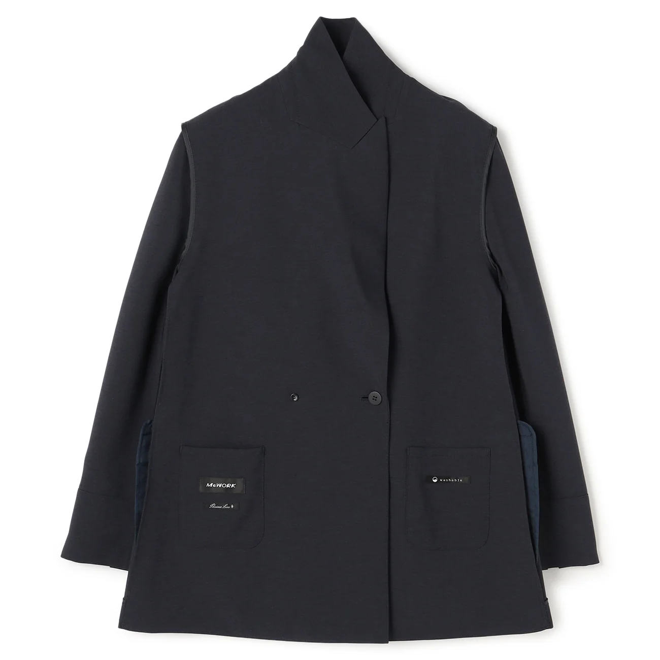 Washable Stretch Linen-Like Double-Breasted Jacket - Navy - Image 16