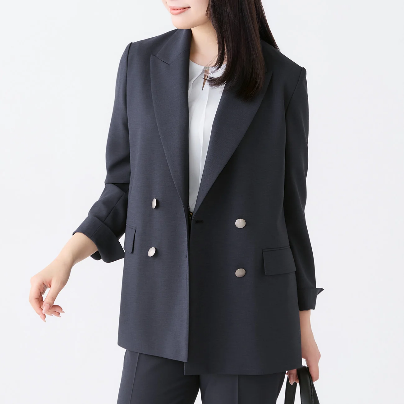 Washable Stretch Linen-Like Double-Breasted Jacket - Navy - Image 6