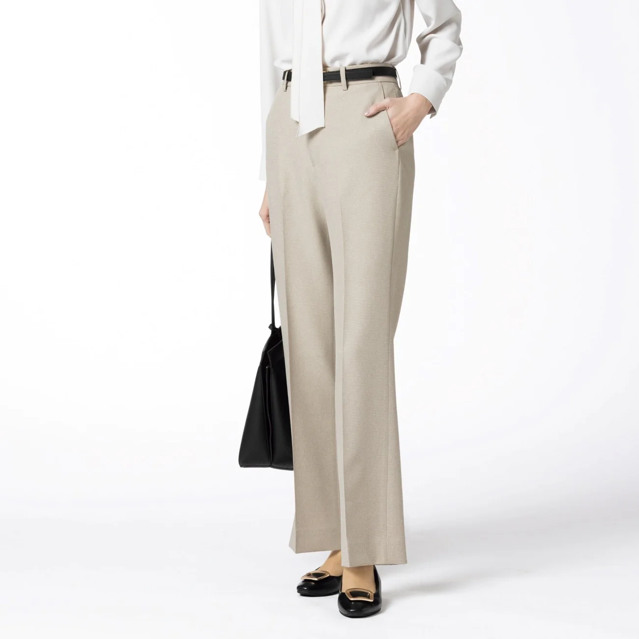 Stretch Melange Flare Pants - Beige