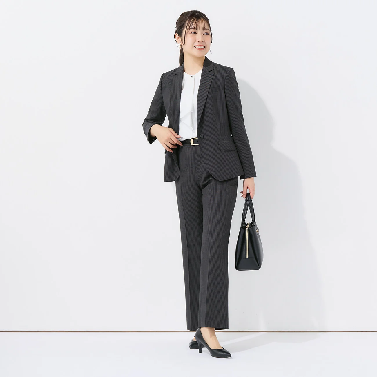 Stretch High-Quality Wool Blend Stripe Wide Pants - Black - Image 3