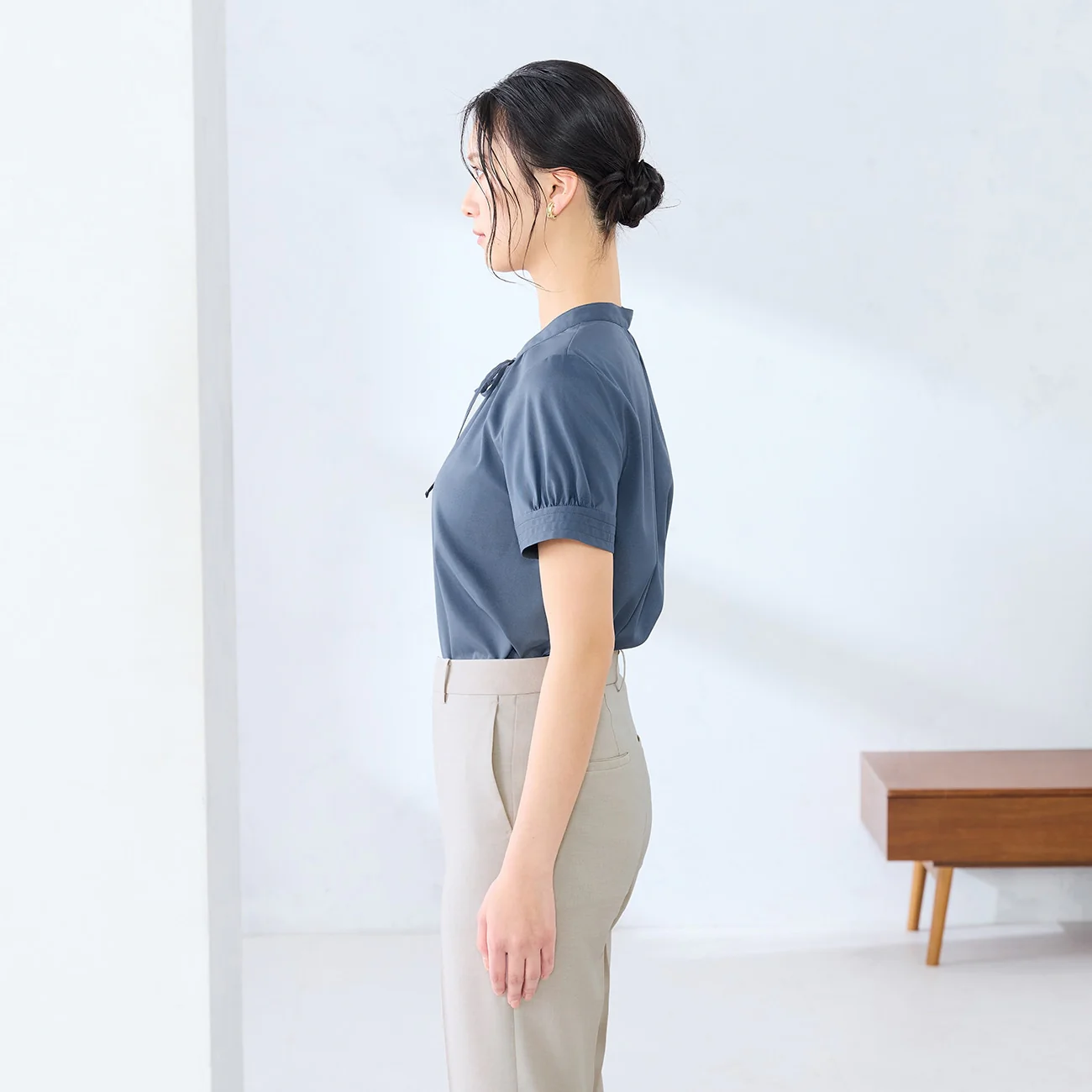 Women's Short Sleeve Narrow Bow Tie Shirt - Blue - Image 3