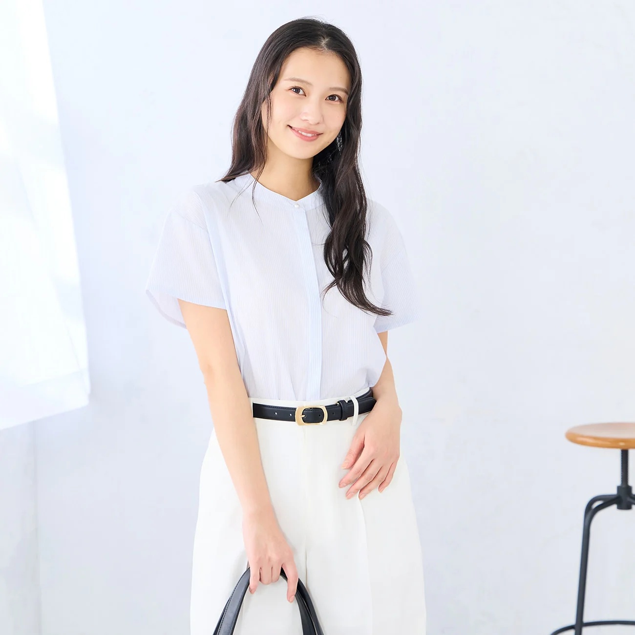 Women's Bamboo Rayon Short Sleeve Band Collar Shirt - Blue - Image 3