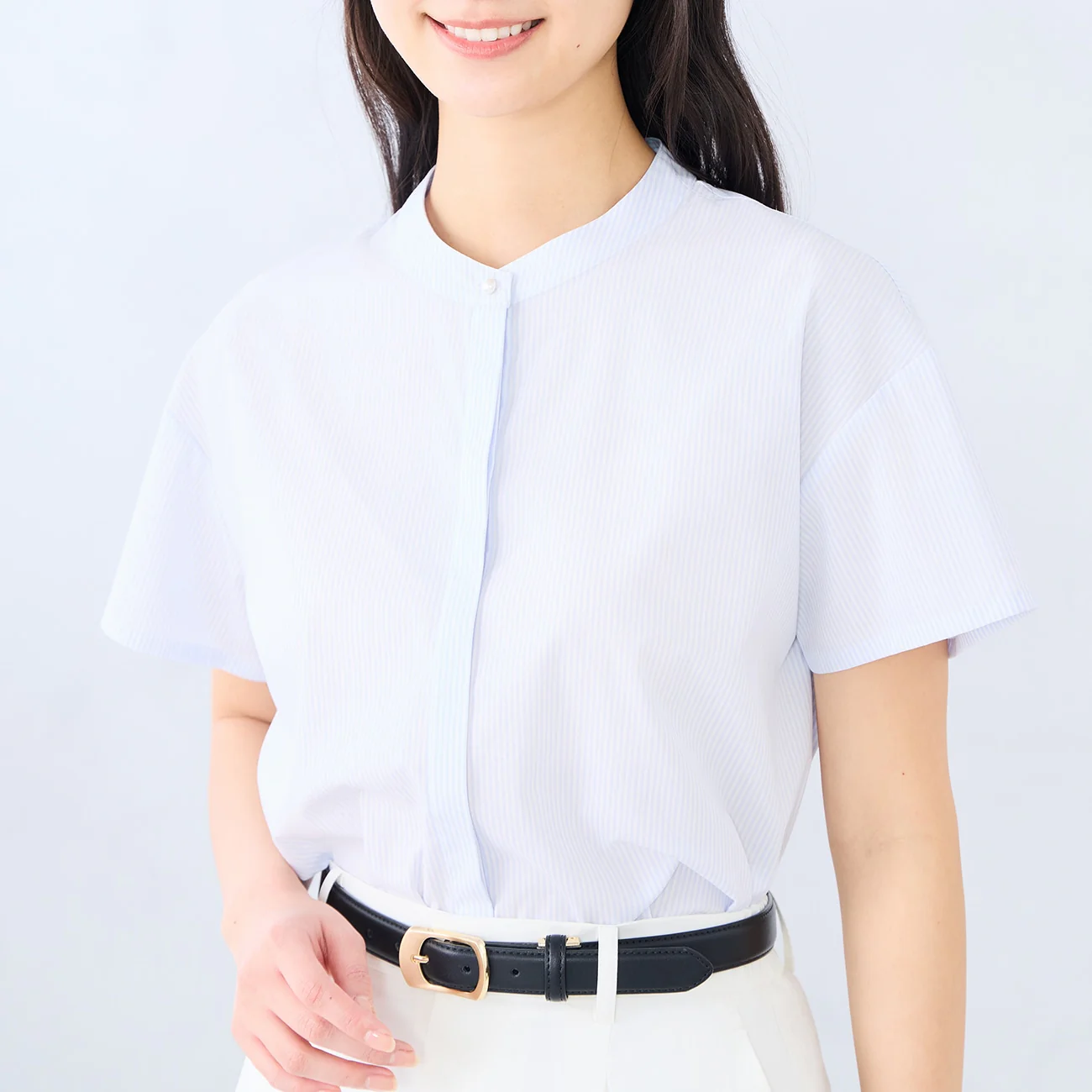 Women's Bamboo Rayon Short Sleeve Band Collar Shirt - Blue - Image 7