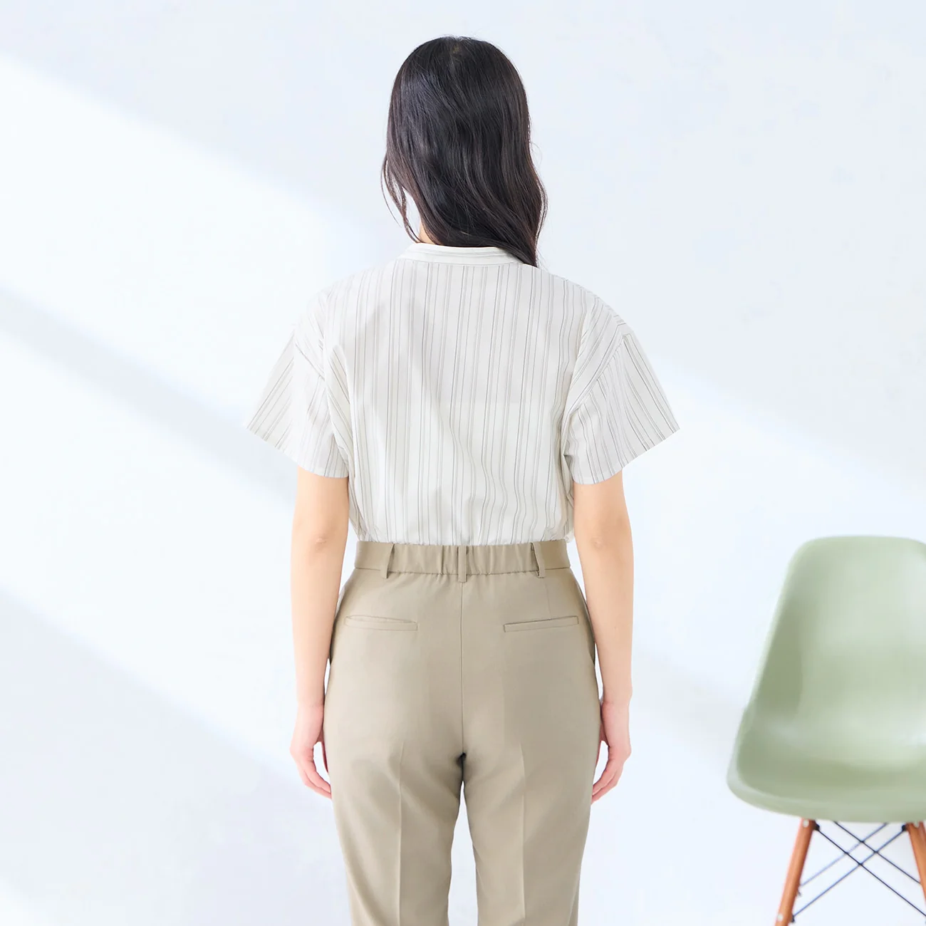 Women's Bamboo Rayon Striped Short Sleeve Band Collar Shirt - Beige - Image 4