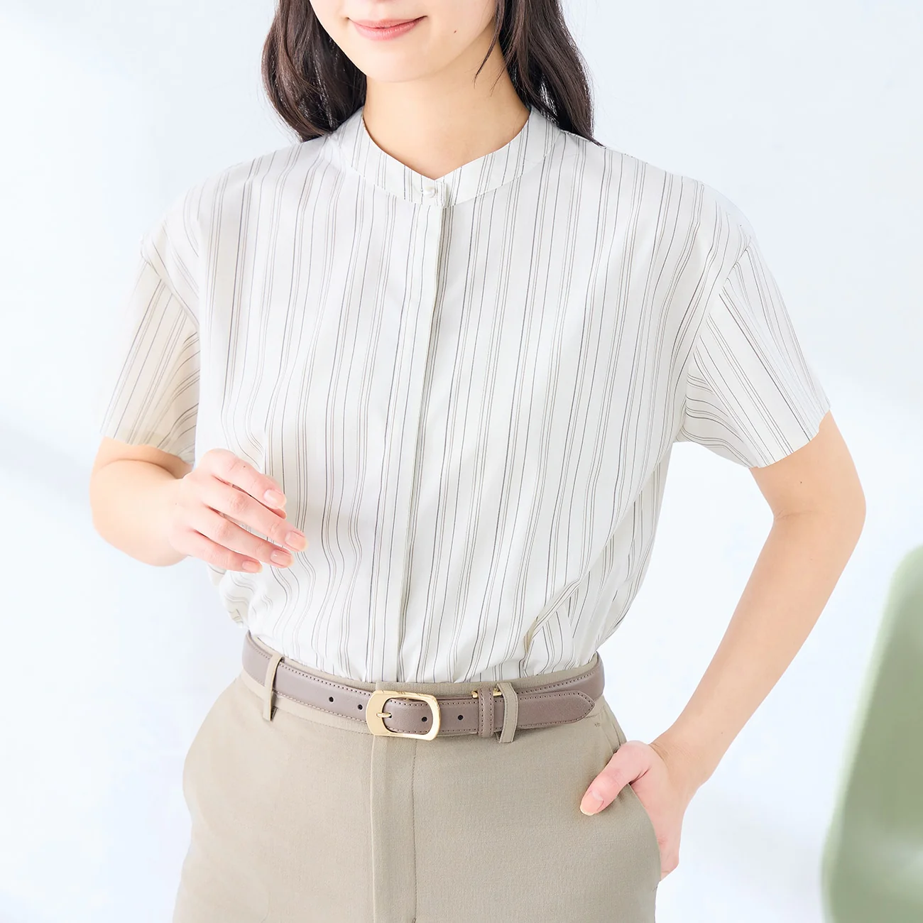 Women's Bamboo Rayon Striped Short Sleeve Band Collar Shirt - Beige - Image 5