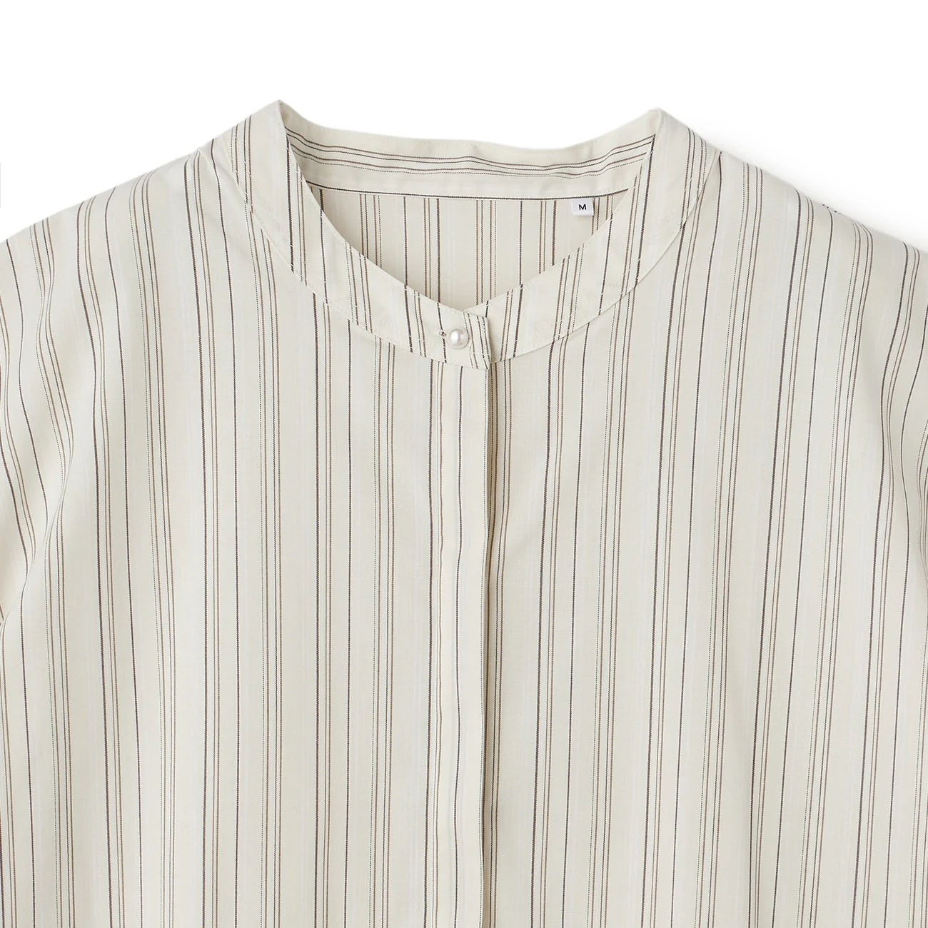 Women's Bamboo Rayon Striped Short Sleeve Band Collar Shirt - Beige - Image 7