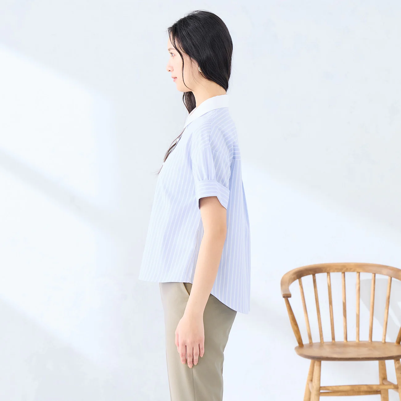 Women's Bamboo Rayon Striped Short Sleeve Contrast Collar Shirt - Blue - Image 3