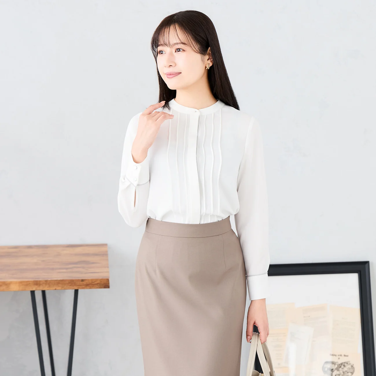 Contrast Band Collar Blouse - White - Image 4