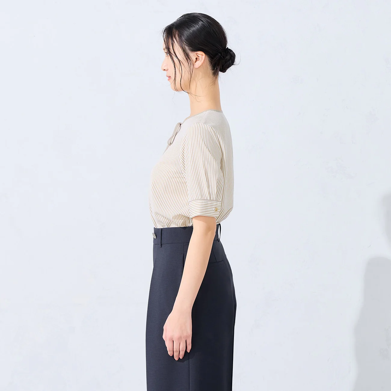 Short Sleeve Narrow Bow Tie Stripe Blouse - Image 3