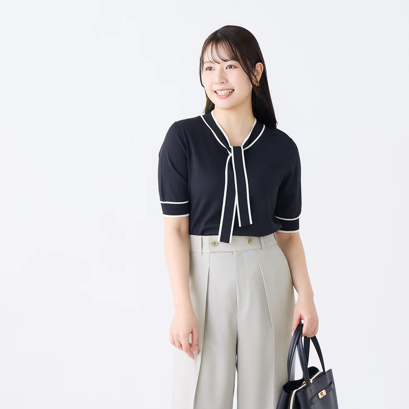 Washable Cool Touch Contrast Bow Tie Short Sleeve Knit Top - Image 11