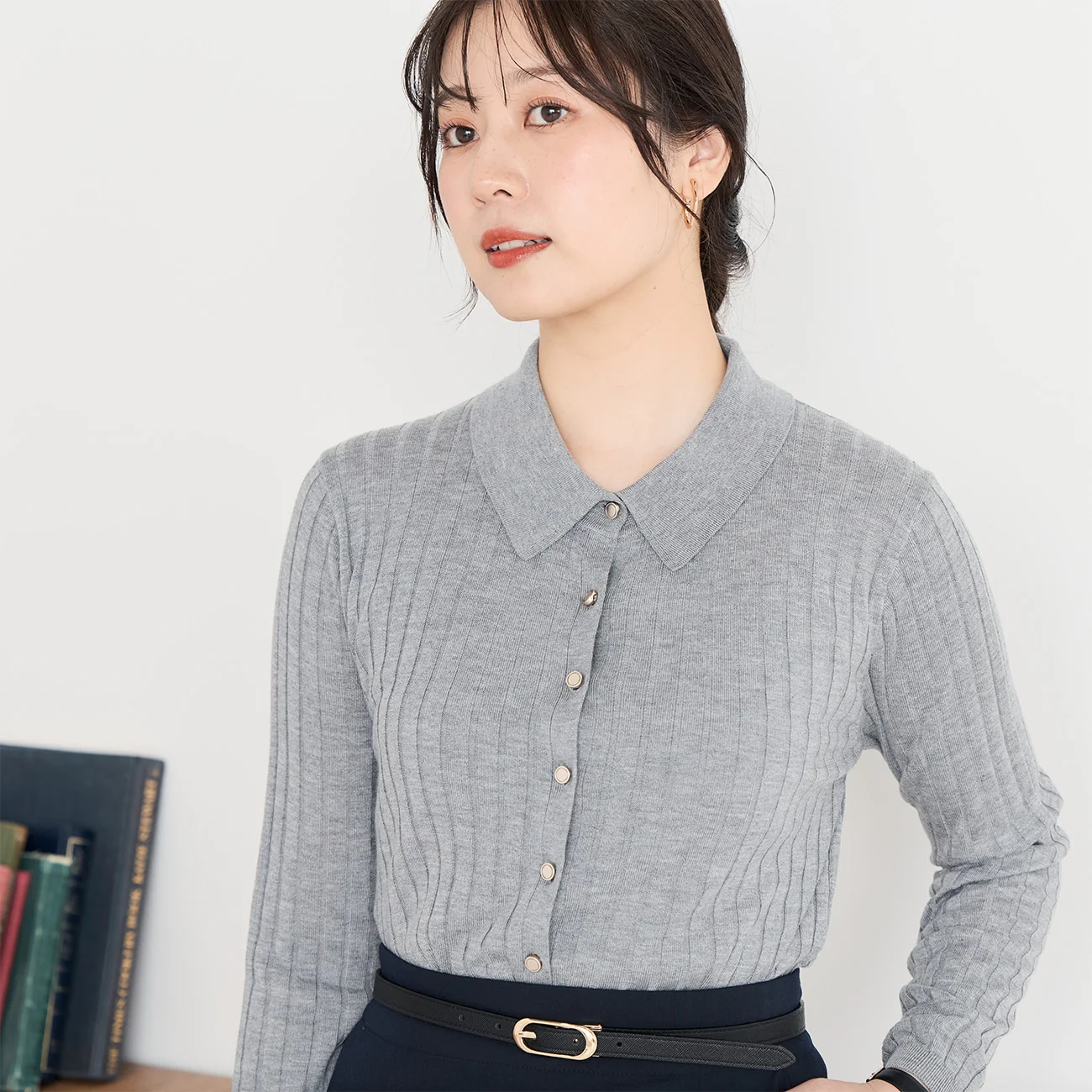 Washable Wool Silk Blend Knit Polo Sweater - Gray - Image 6