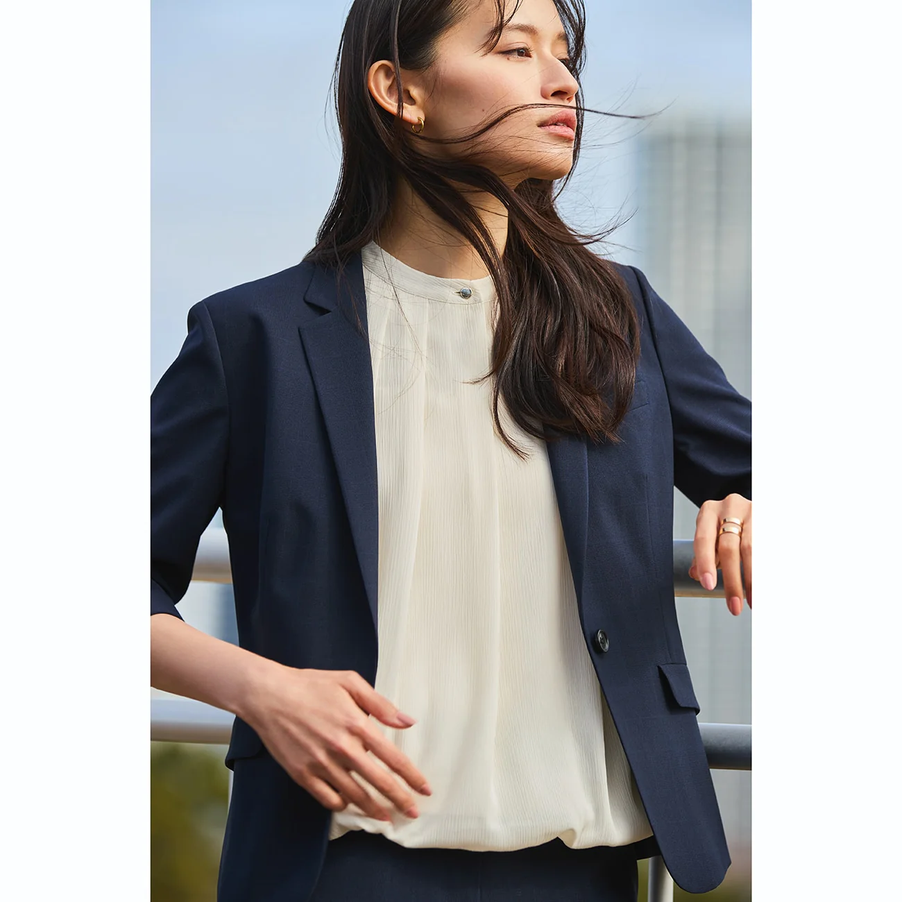 Washable Stretch Three-Quarter Sleeve Check Jacket - Navy - Image 2