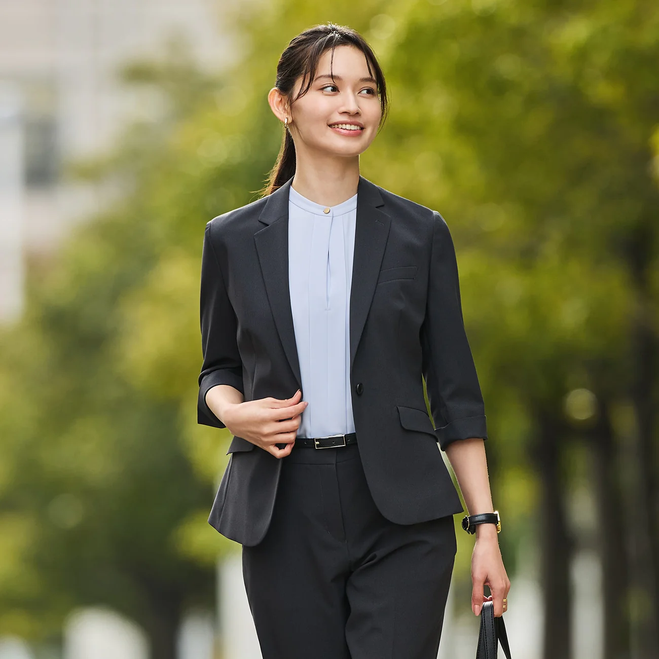 Washable Stretch Three-Quarter Sleeve Houndstooth Jacket - Charcoal Gray