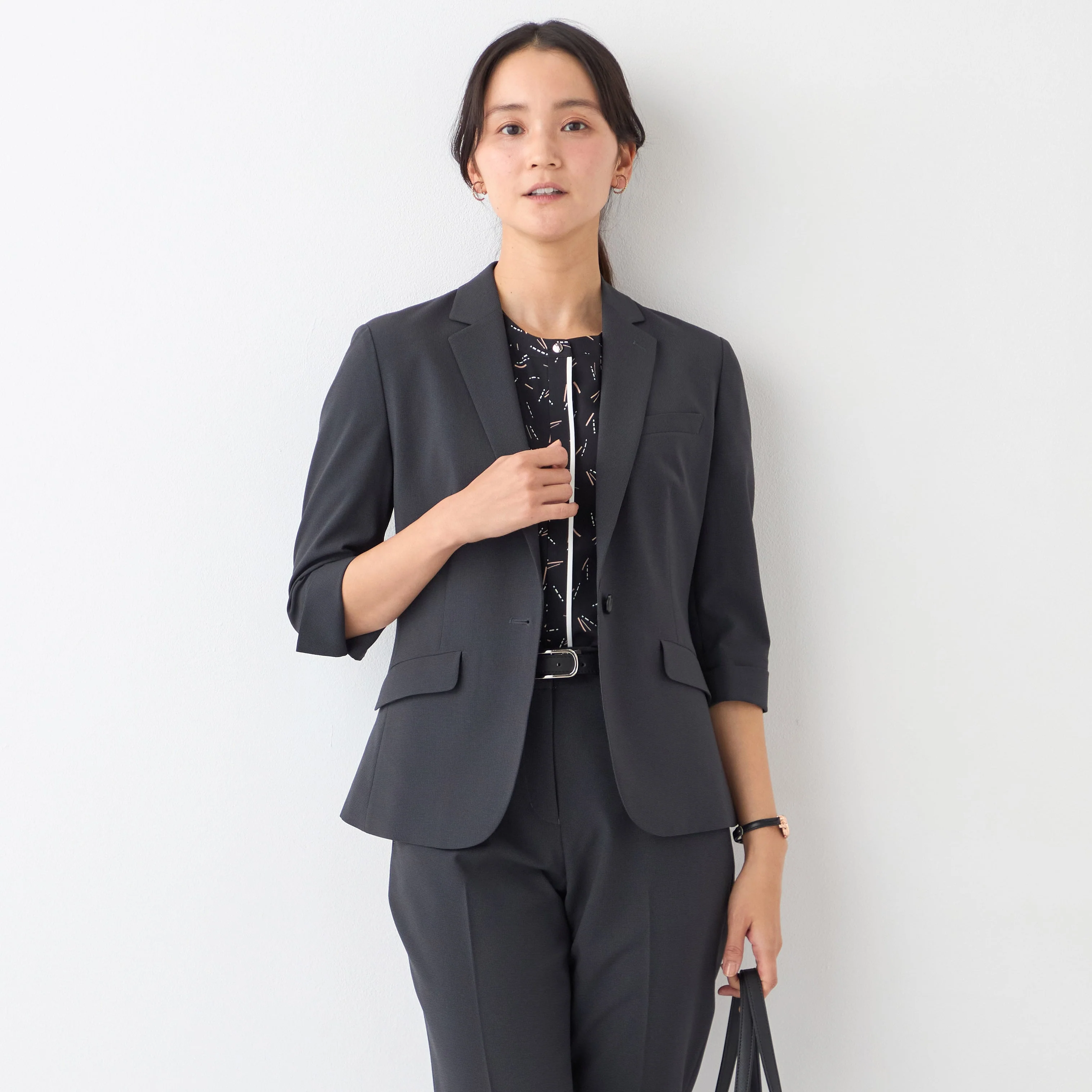 Washable Stretch Three-Quarter Sleeve Houndstooth Jacket - Charcoal Gray - Image 13