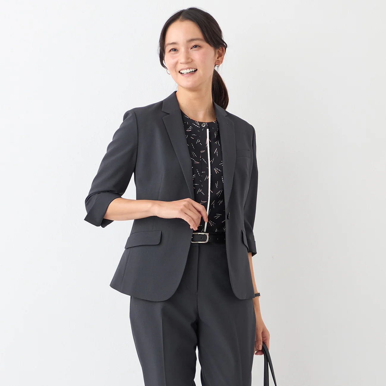 Washable Stretch Three-Quarter Sleeve Houndstooth Jacket - Charcoal Gray - Image 14