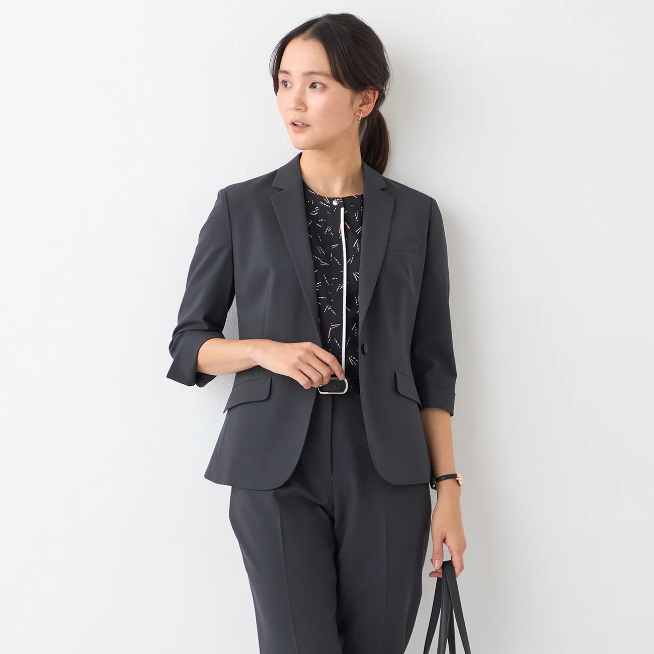 Washable Stretch Three-Quarter Sleeve Houndstooth Jacket - Charcoal Gray - Image 15
