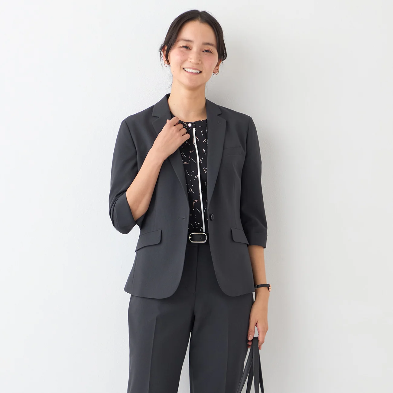 Washable Stretch Three-Quarter Sleeve Houndstooth Jacket - Charcoal Gray - Image 17