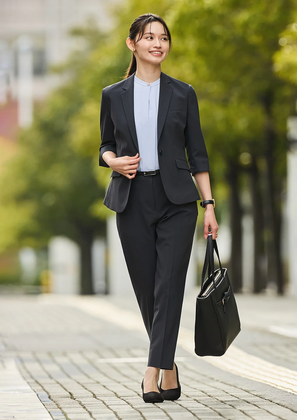 Washable Stretch Three-Quarter Sleeve Houndstooth Jacket - Charcoal Gray - Image 26
