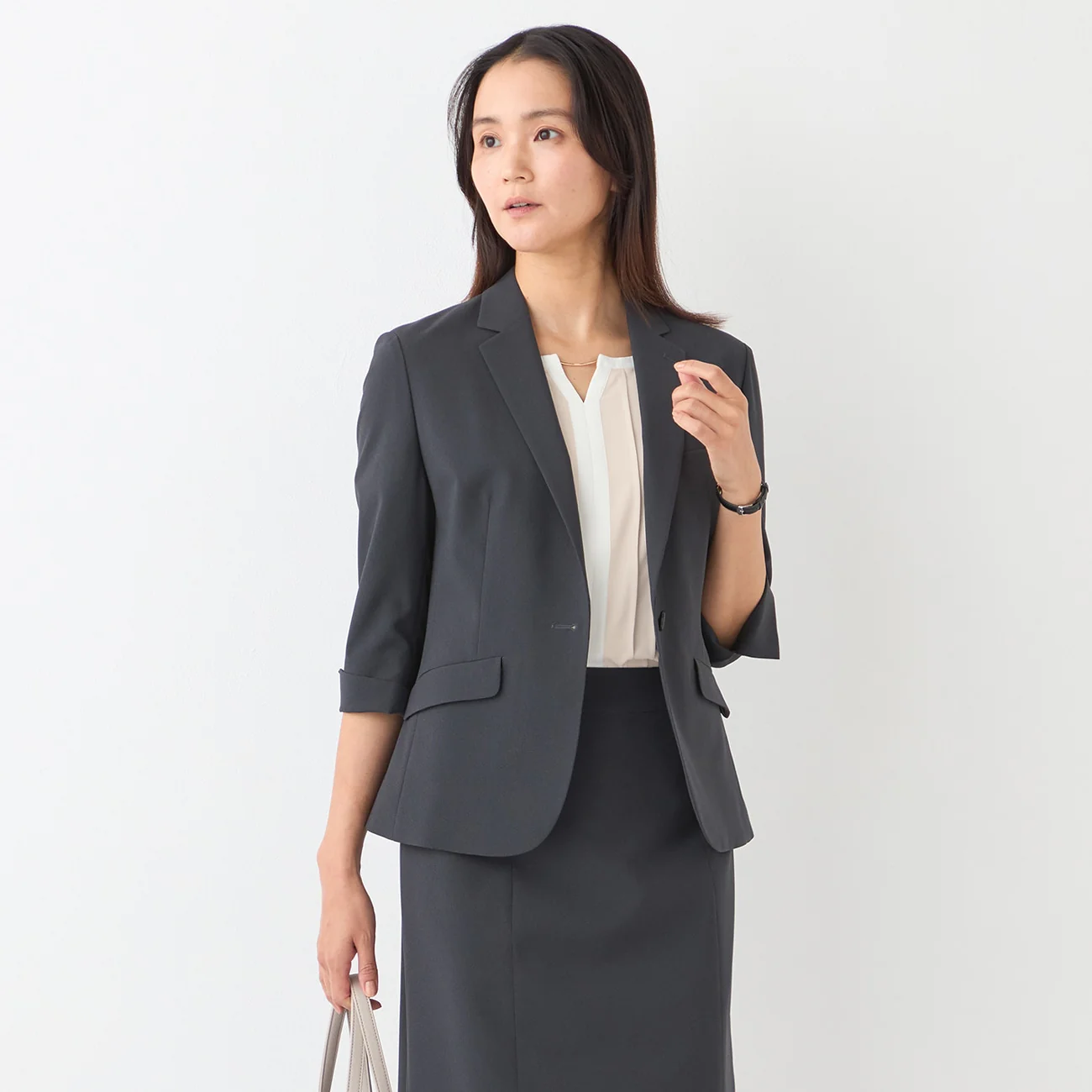 Washable Stretch Three-Quarter Sleeve Houndstooth Jacket - Charcoal Gray - Image 3