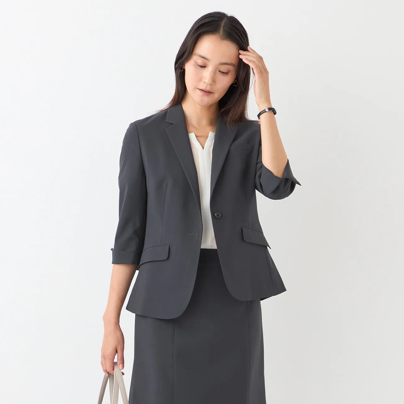 Washable Stretch Three-Quarter Sleeve Houndstooth Jacket - Charcoal Gray - Image 4