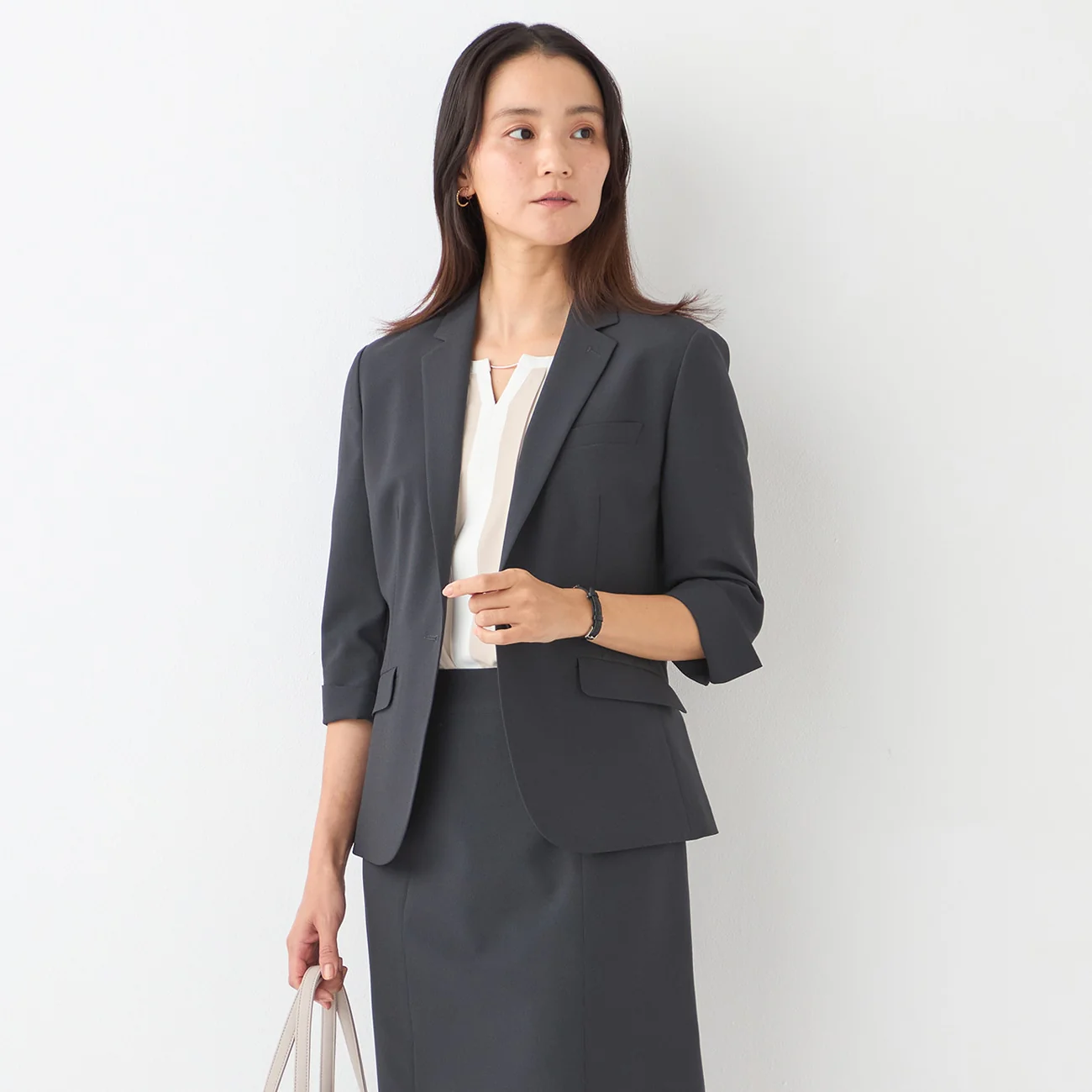 Washable Stretch Three-Quarter Sleeve Houndstooth Jacket - Charcoal Gray - Image 5