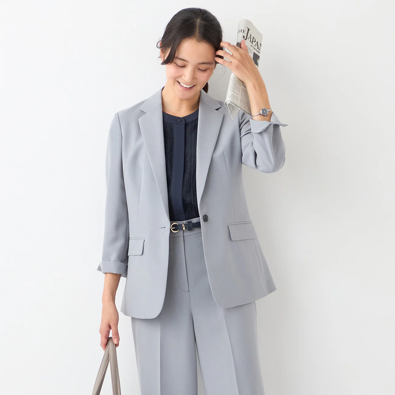 THE THIRD SUITS Washable Cool Touch Cropped Sleeve Long Jacket - Light Gray - Image 5