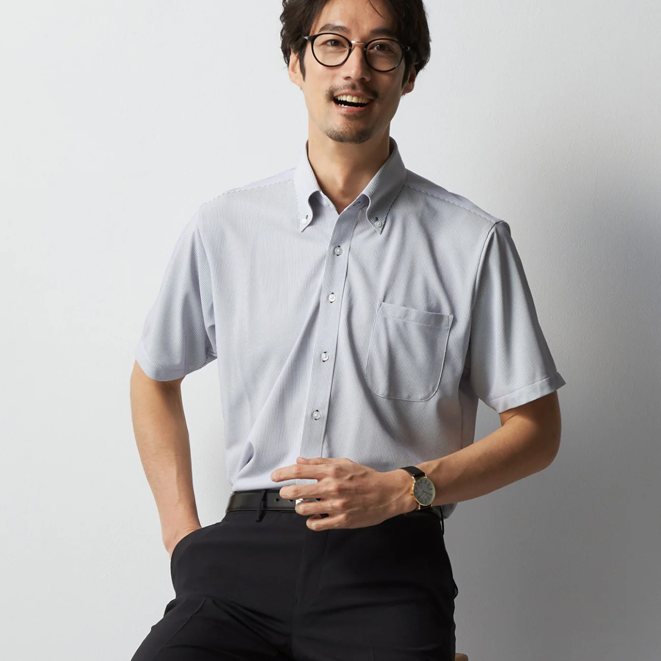 Super Non-Iron DRYDRY Striped Short Sleeve Button-Down Shirt - Navy