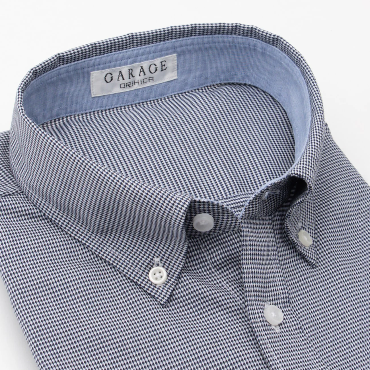 Business Casual Houndstooth Short Sleeve Button-Down Shirt - Navy - Image 3
