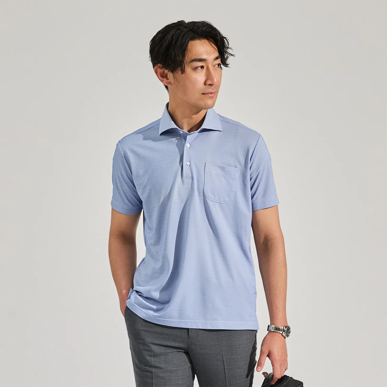 Non-Iron Spread Collar Pullover Polo Shirt - Blue - Image 2