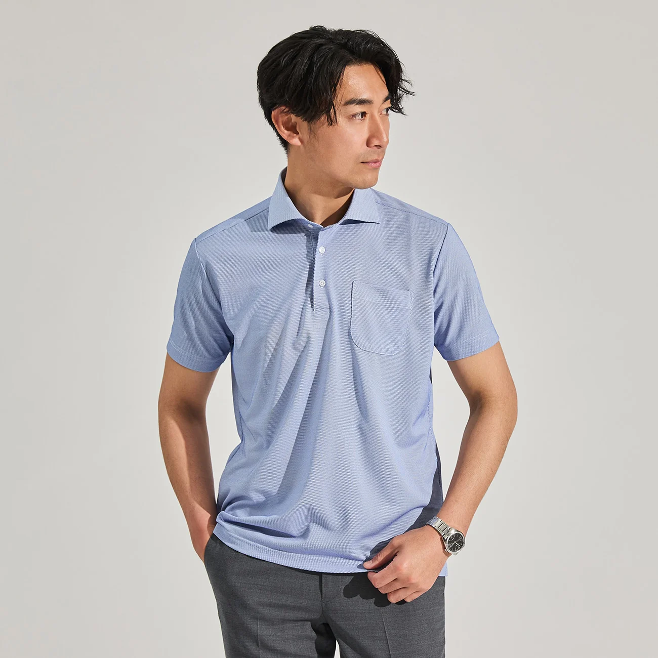 Non-Iron Spread Collar Pullover Polo Shirt - Blue - Image 3