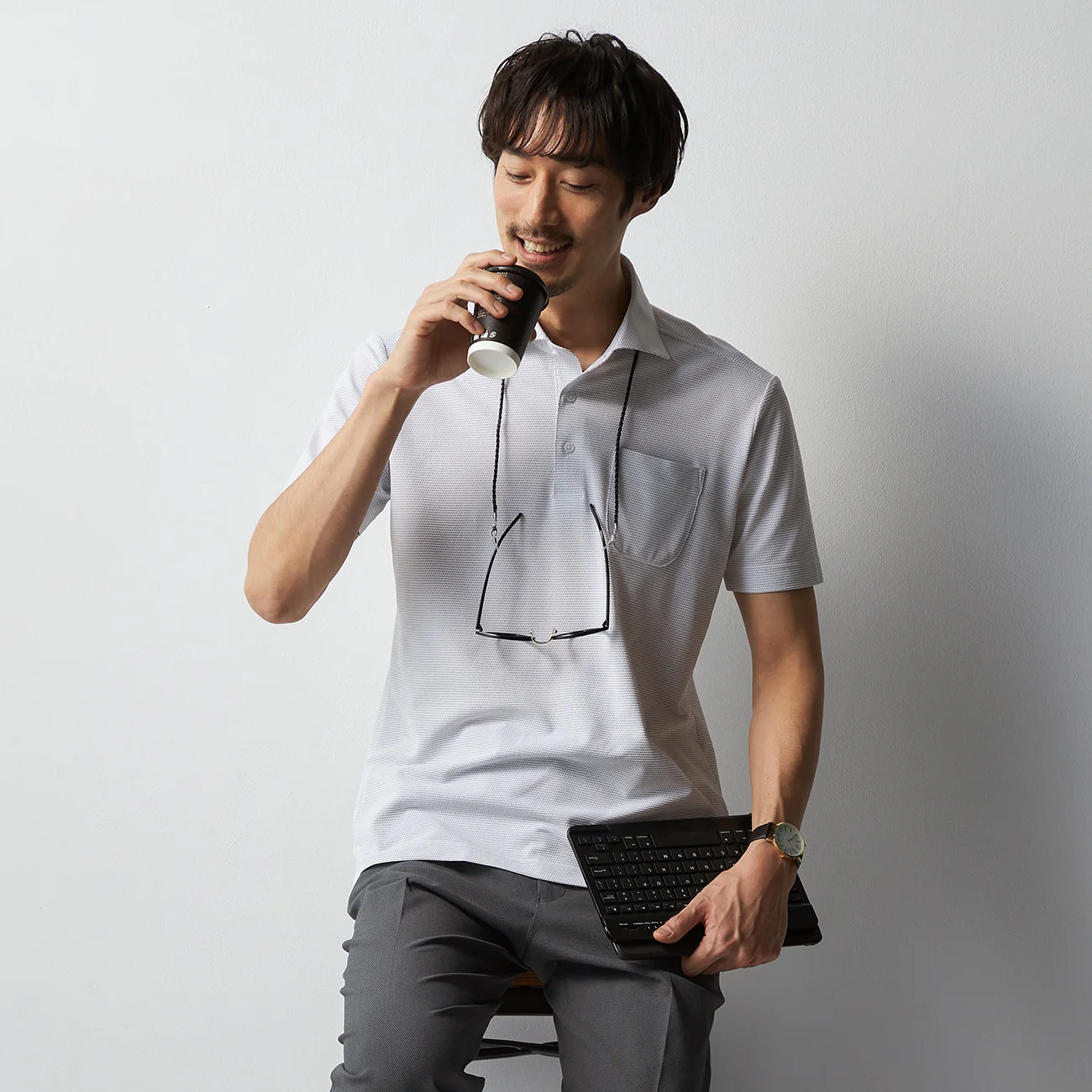Sashiko Spread Collar Pullover Polo Shirt - Gray - Image 2