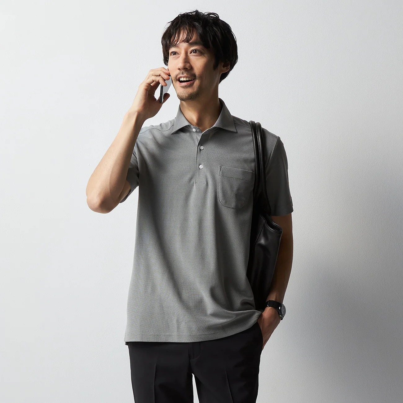 Leno Weave Spread Collar Pullover Polo Shirt - Gray - Image 2