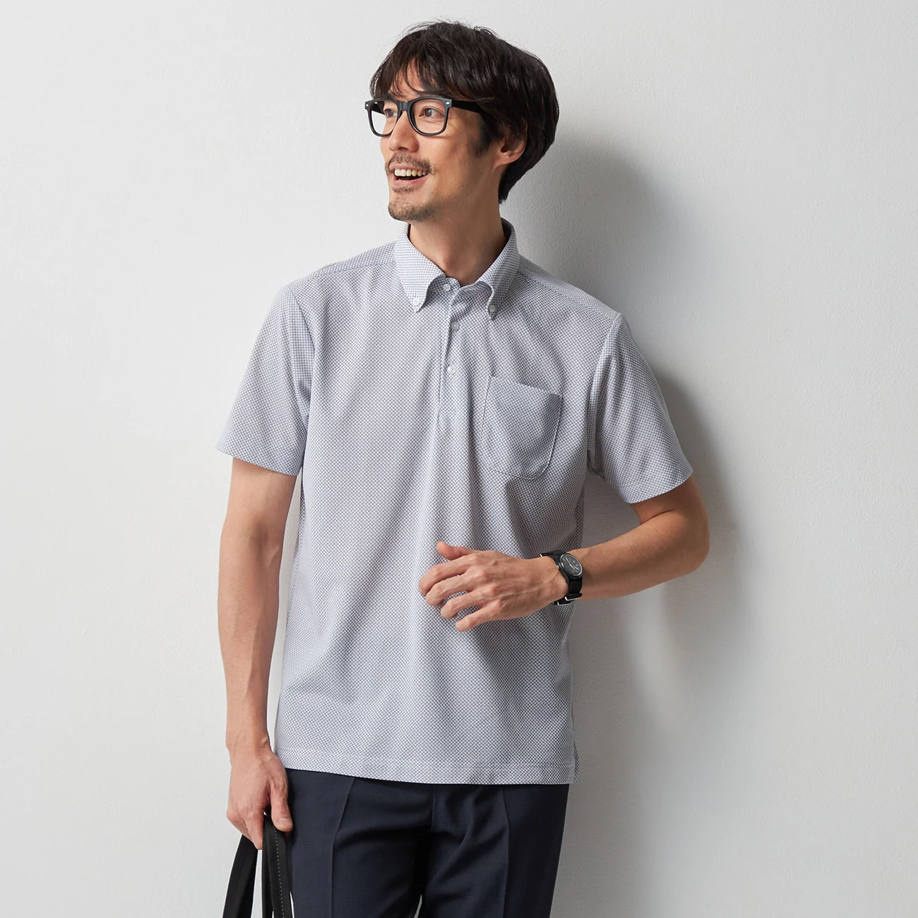 Gingham Check Button-Down Pullover Polo Shirt - Navy - Image 2