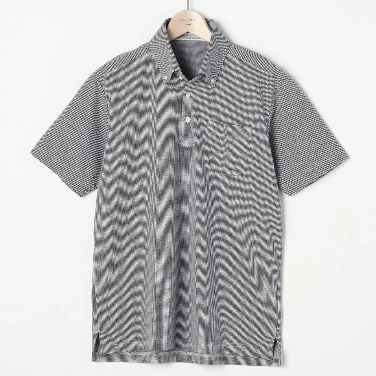 Pullover Button-Down Houndstooth Polo Shirt - Navy - Image 5