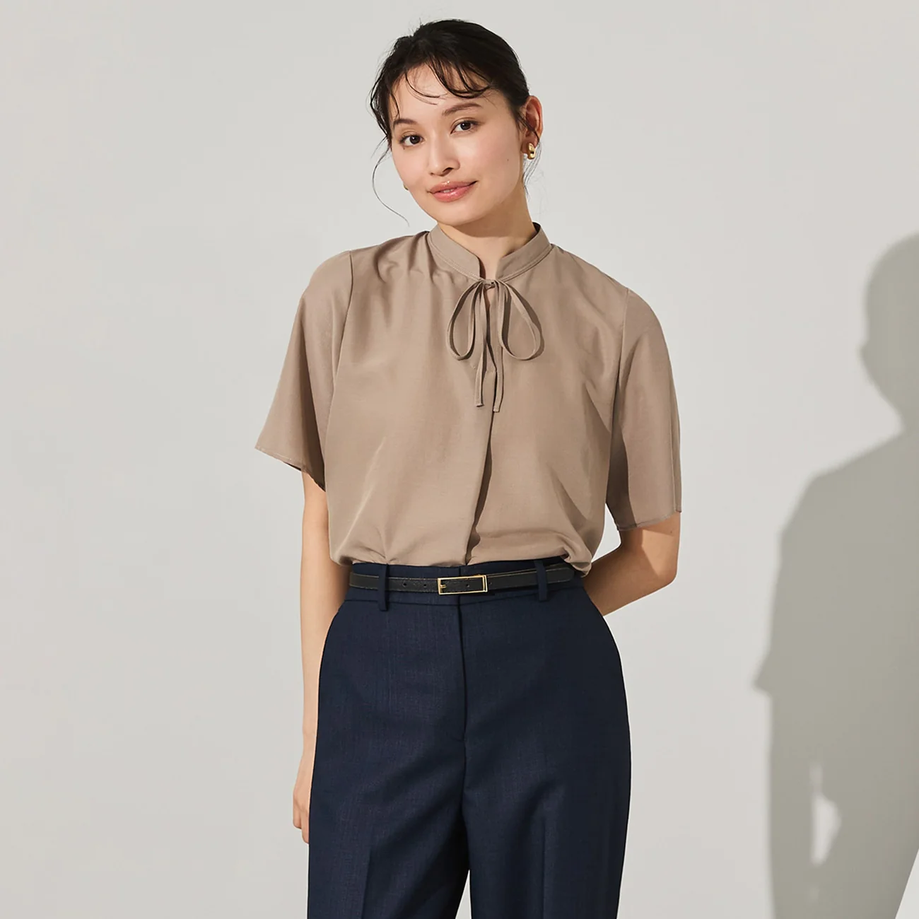 Stand Collar Blouse with Bow Tie - Image 14