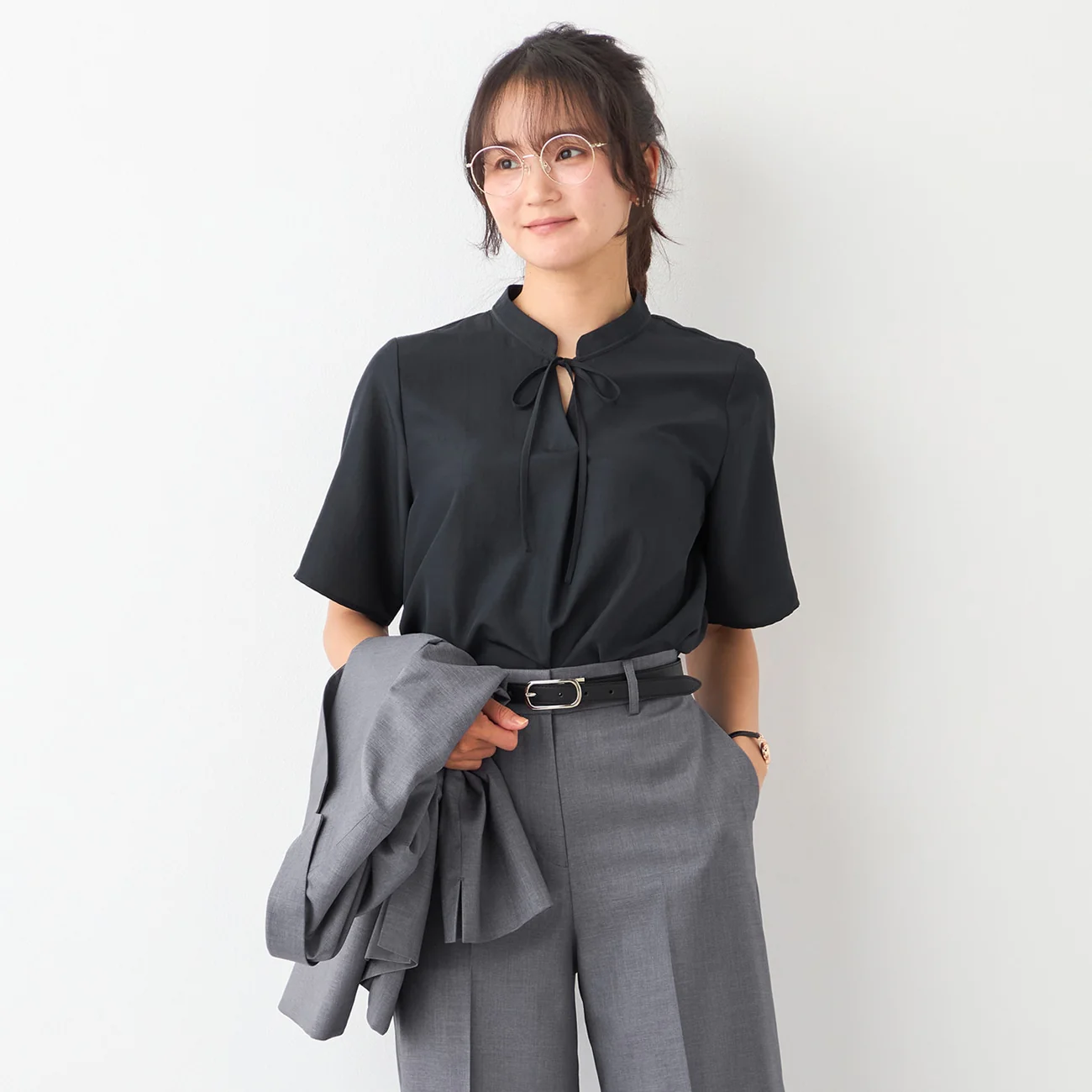 Stand Collar Blouse with Bow Tie - Image 3