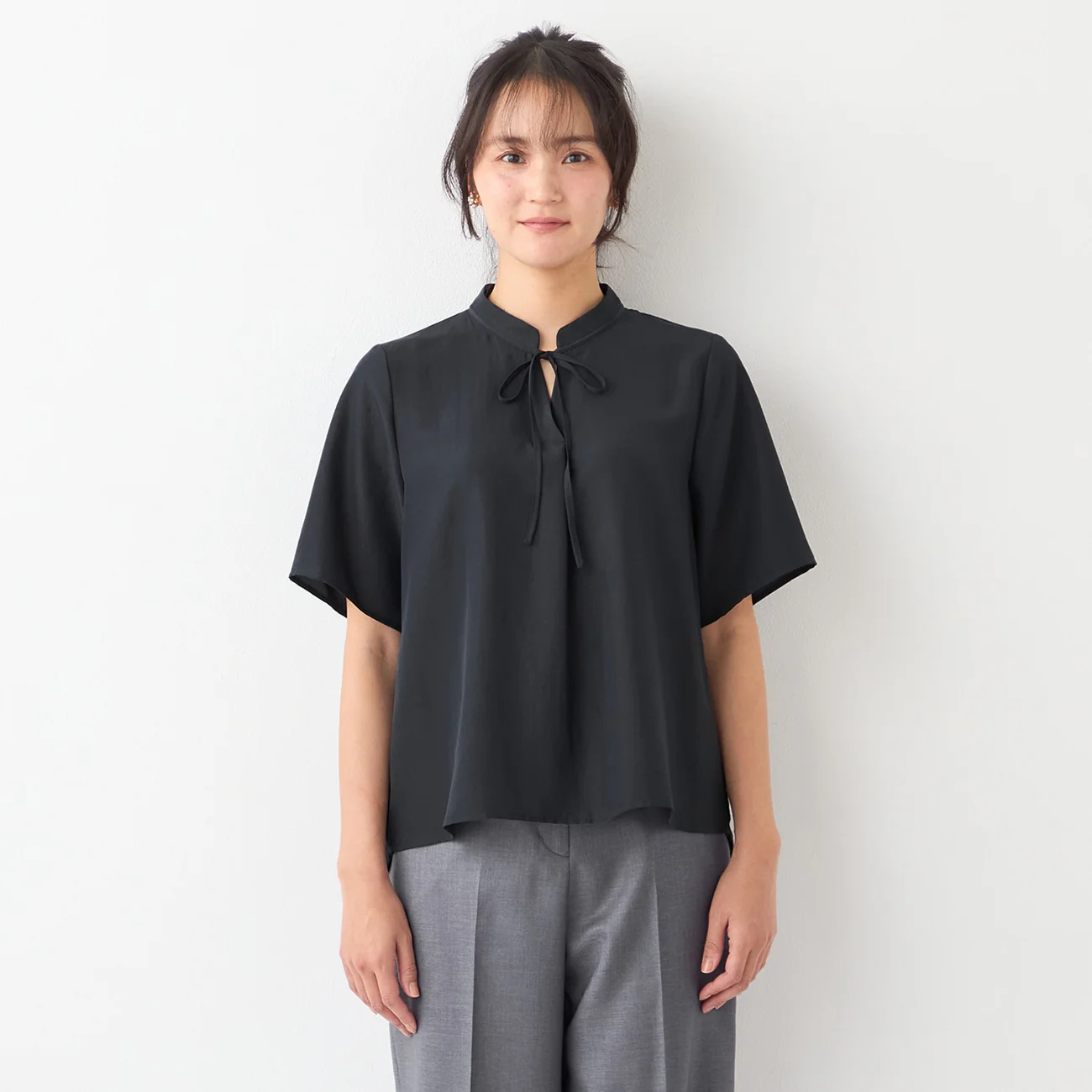 Stand Collar Blouse with Bow Tie - Image 5
