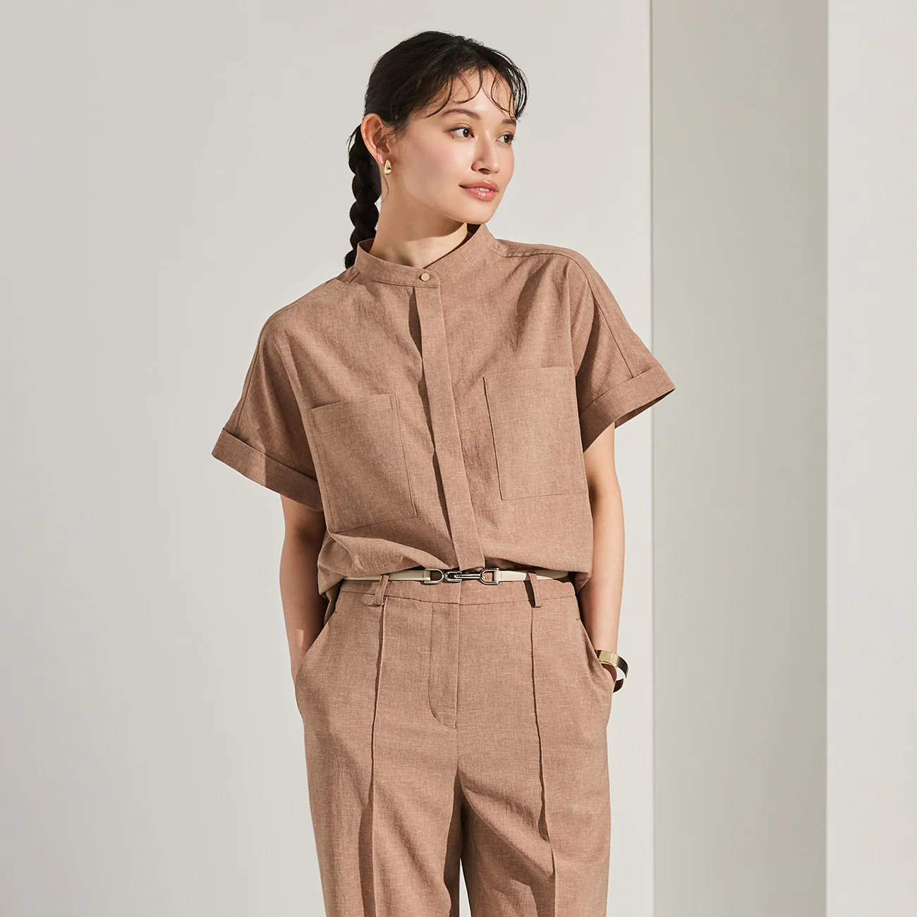 Stand Collar Blouse with Chest Pockets - Image 18