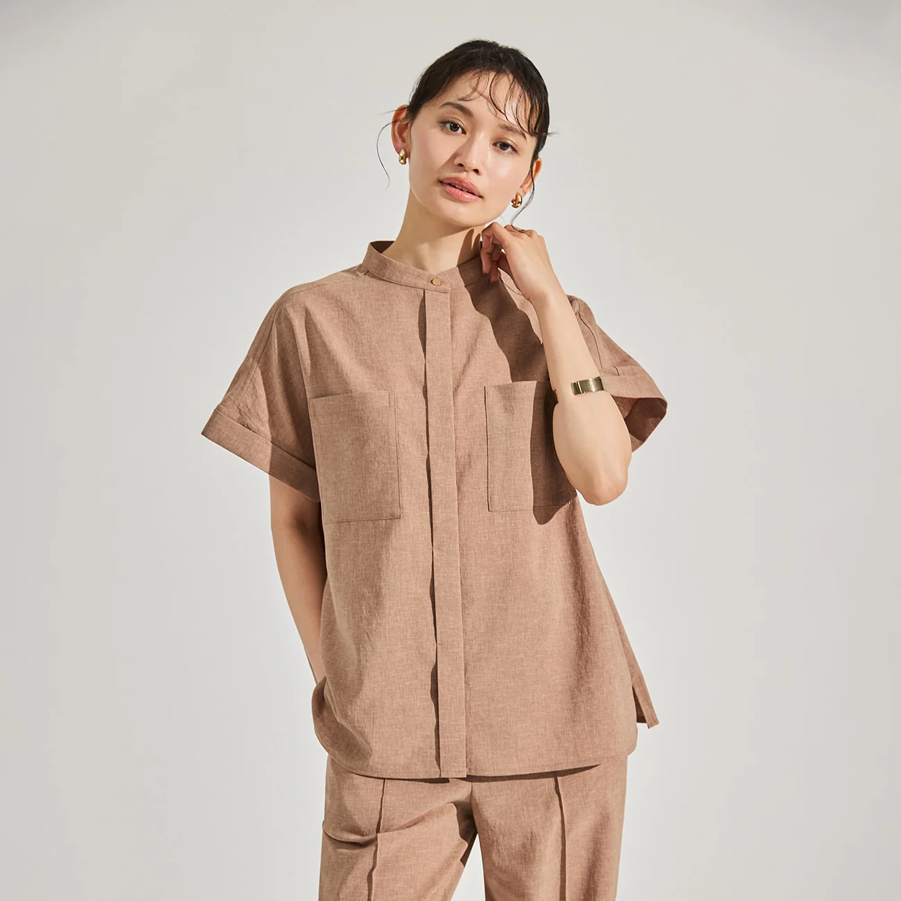 Stand Collar Blouse with Chest Pockets - Image 19