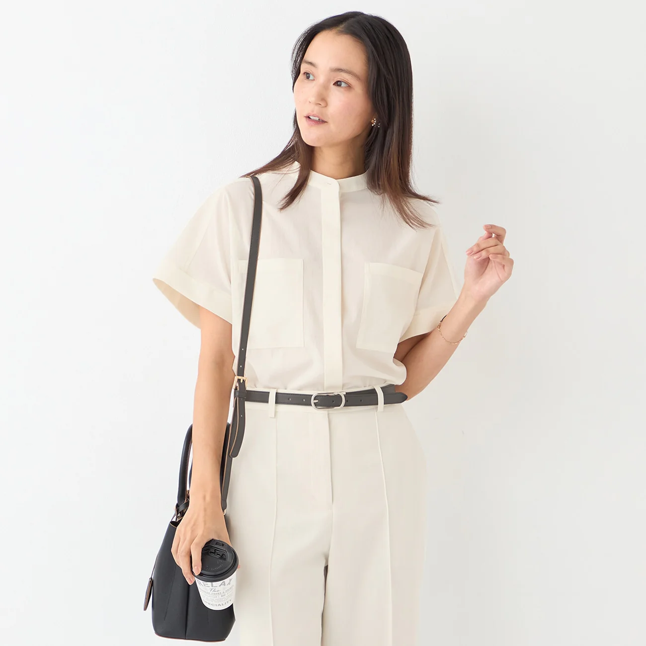 Stand Collar Blouse with Chest Pockets - Image 27