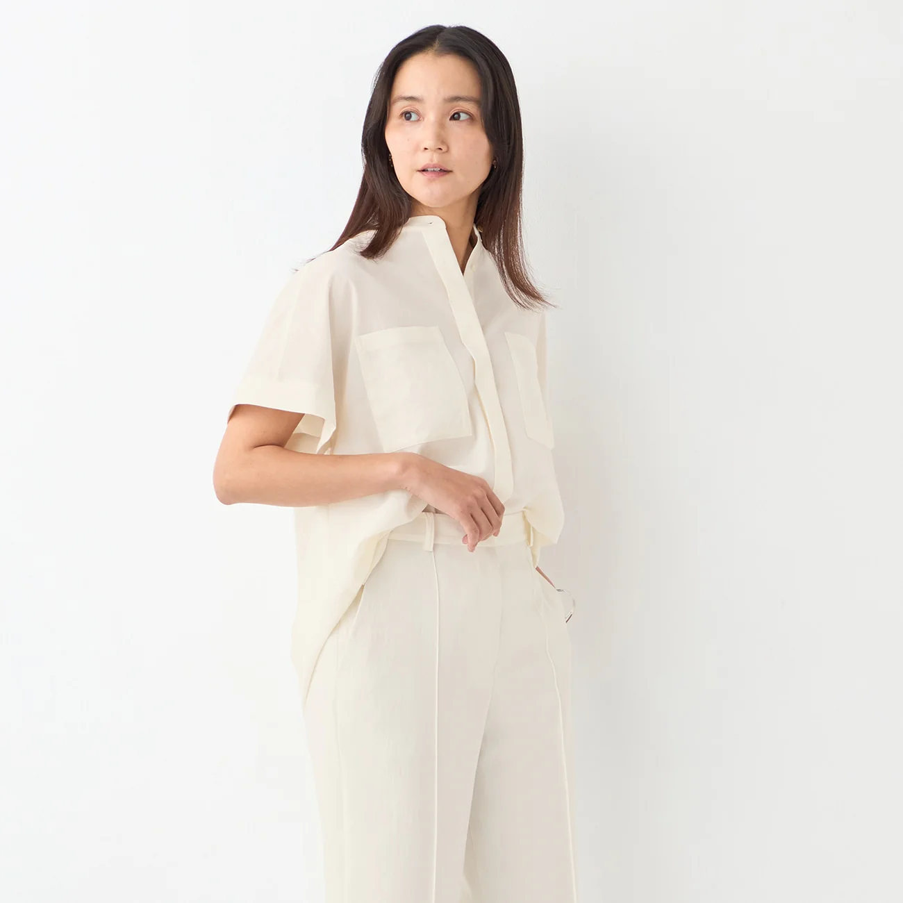 Stand Collar Blouse with Chest Pockets - Image 31