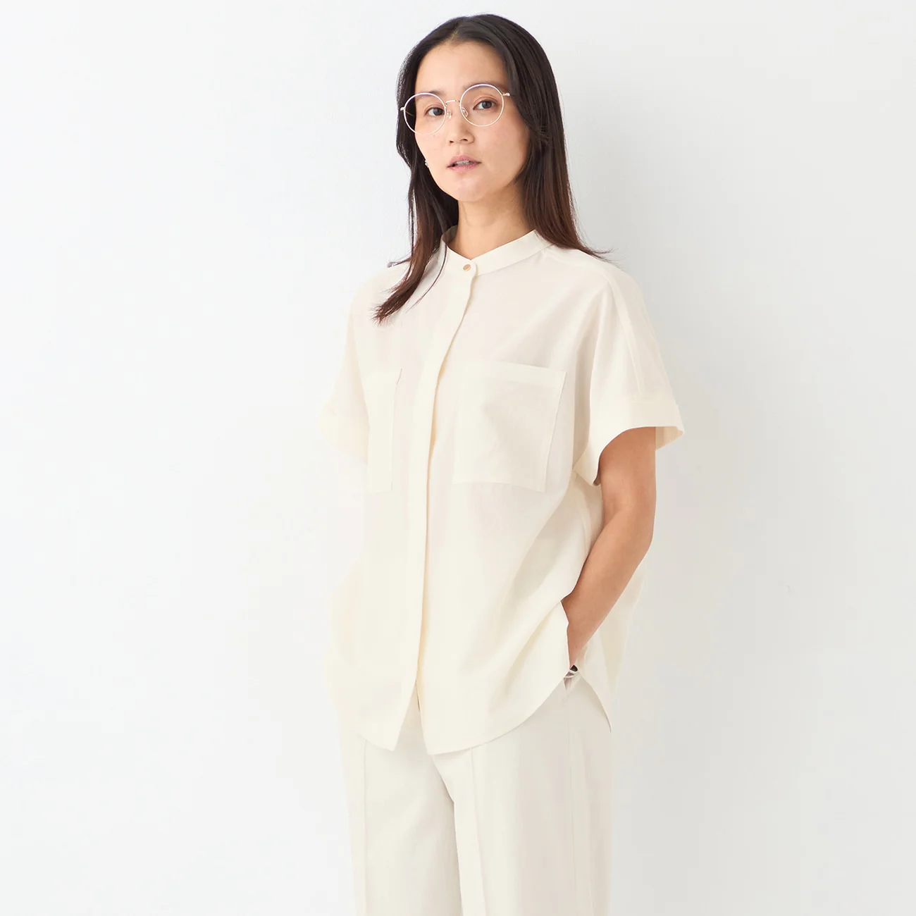 Stand Collar Blouse with Chest Pockets - Image 34