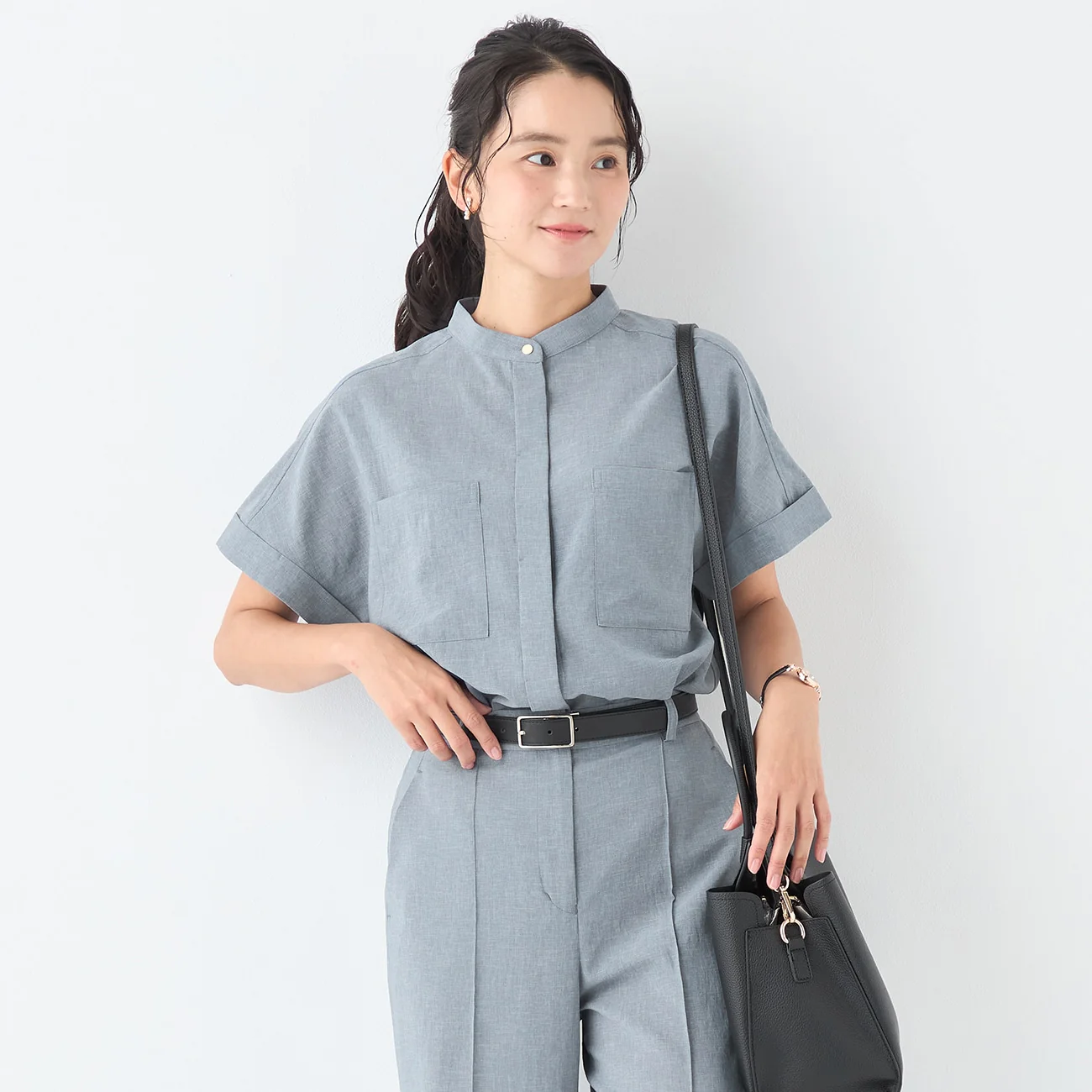 Stand Collar Blouse with Chest Pockets - Image 4