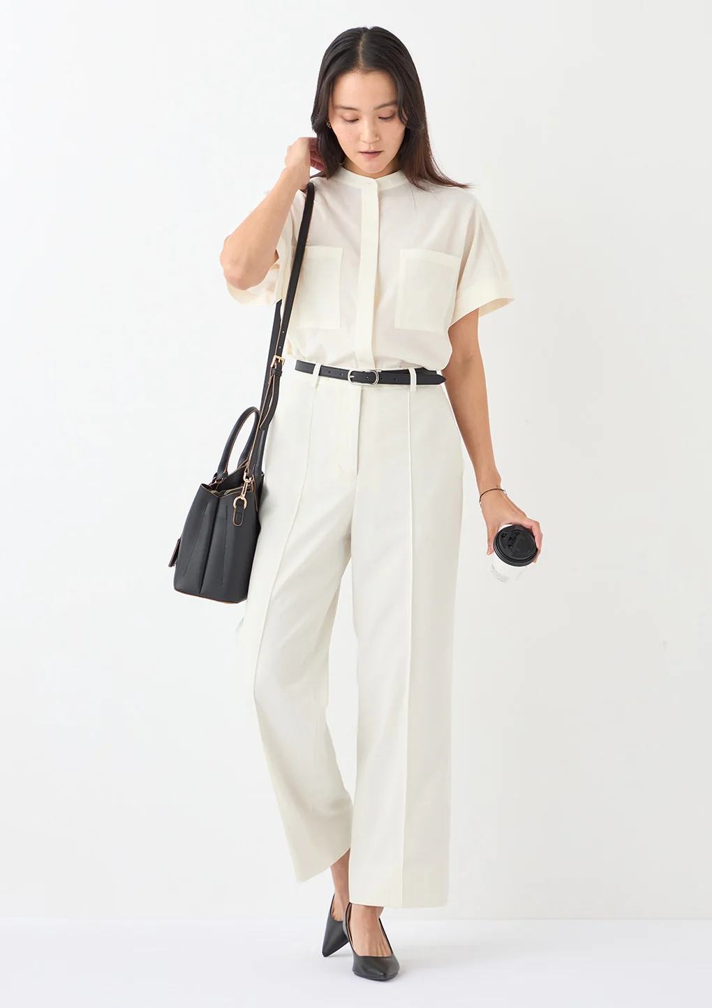 Stand Collar Blouse with Chest Pockets - Image 43