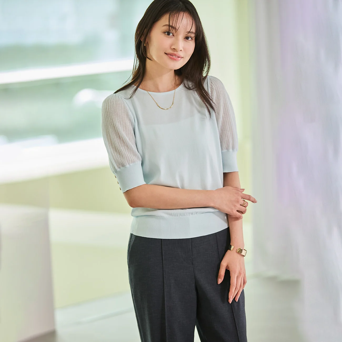 Sheer Sleeve Knit Top - Image 15